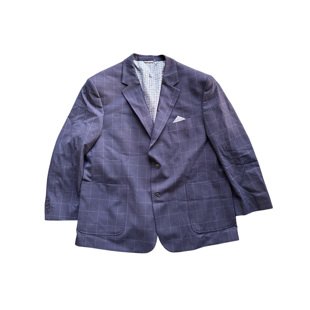 Oak Hill Mens Navy Blue Windowpane Blazer Sport Coat Jacket 2XL 50-52 Big & Tall
